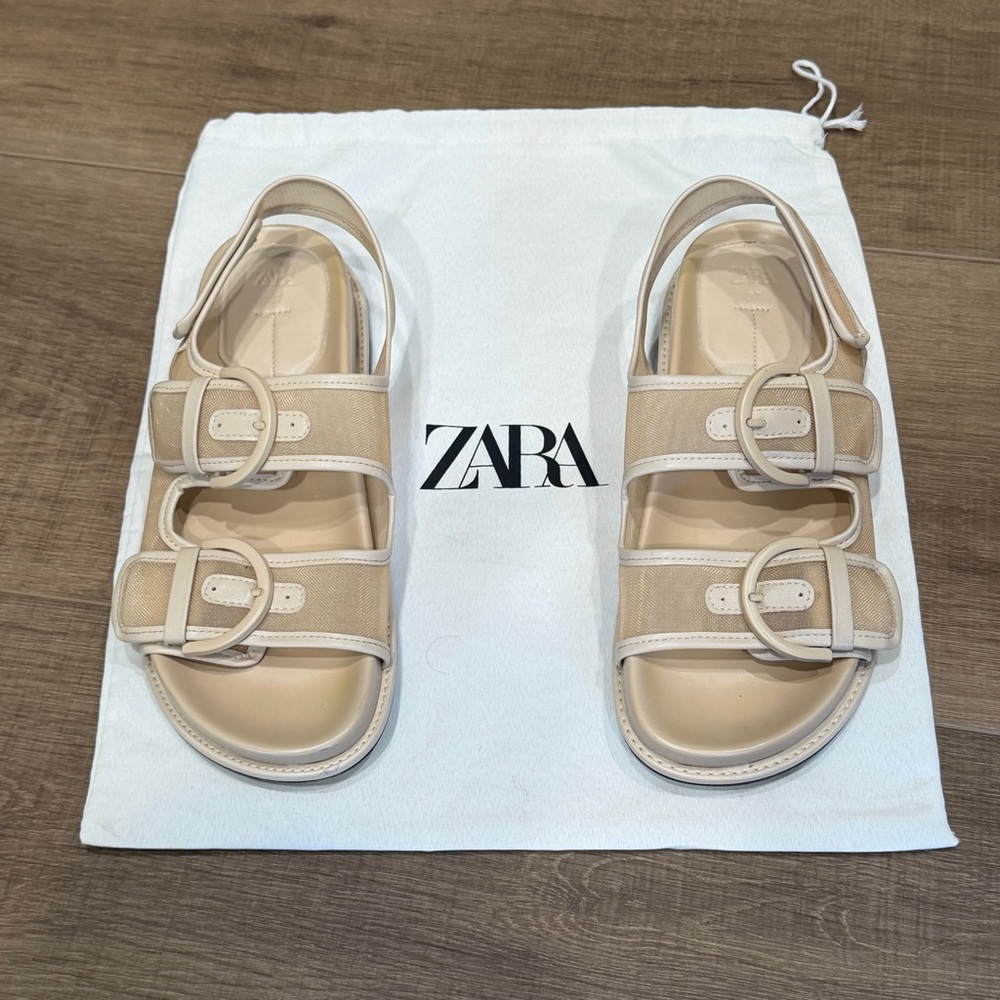 Zara Womens Open Toe Mesh Double Buckle Slingback Sandals Beige Size 37 Flat Dad - Picture 6 of 14
